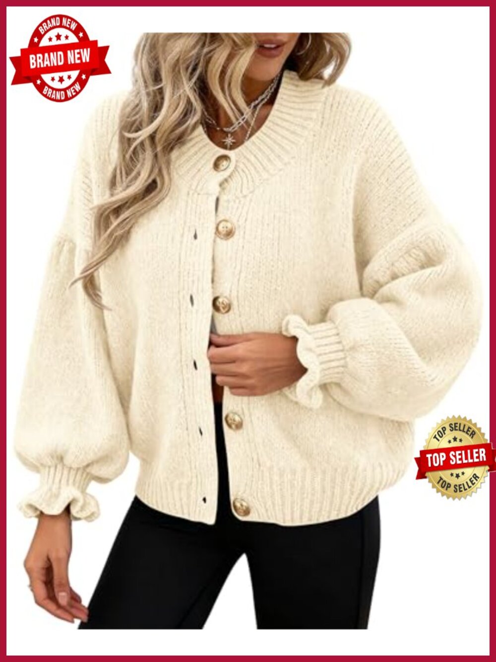 Womens Chunky Knit Long Sleeve Ruffle Button Cardigan Sweater